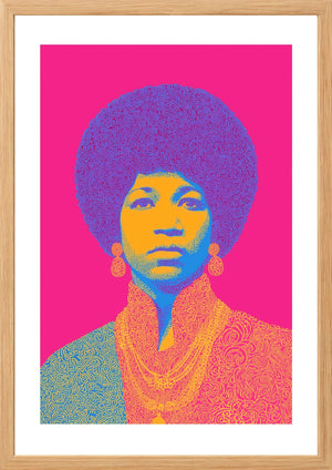 Aretha Franklin on bright pink background art print in timber frame