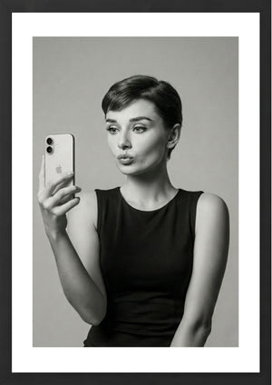 Audrey Hepburn black and white taking a selfie art print black frame