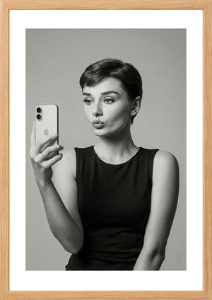 Audrey Hepburn black and white taking a selfie art print timber frame