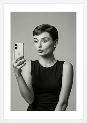 Audrey Hepburn black and white taking a selfie art print white frame