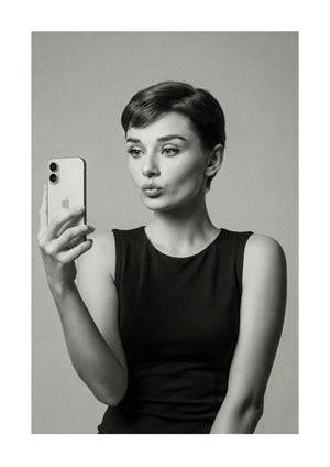 Audrey Hepburn black and white taking a selfie unframed art print