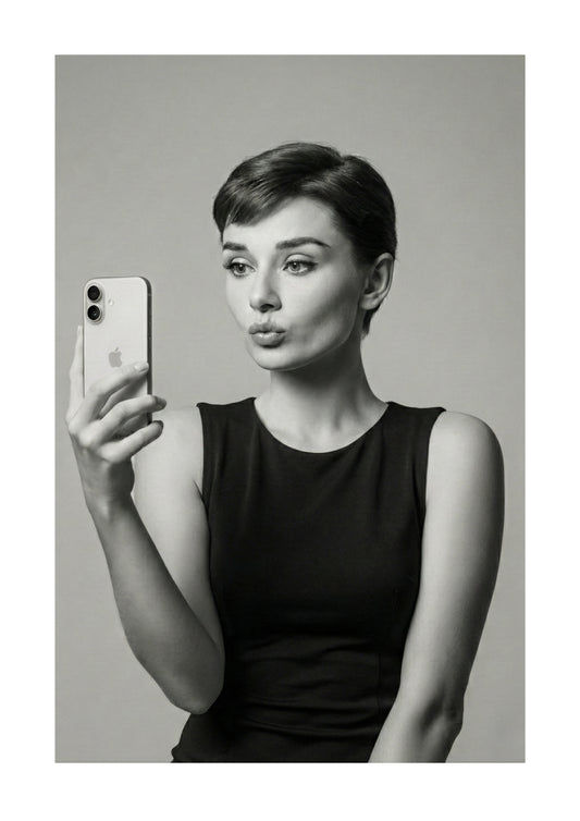 Audrey Hepburn black and white taking a selfie unframed art print