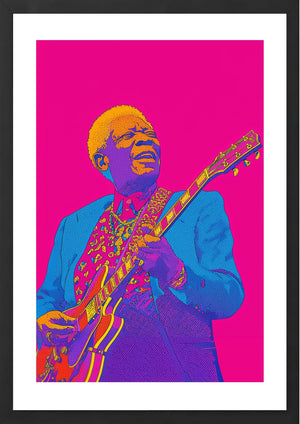 BB King on bright pink background art print in black frame