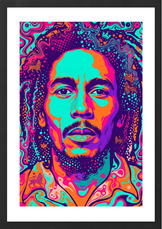 Colorful abstract portrait with Bob Marley's face in the center