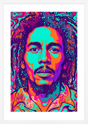 Colorful abstract portrait with Bob Marley's face in the center