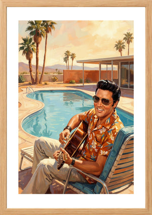 Elvis Presley with guitar by swimming pool art print timber frame