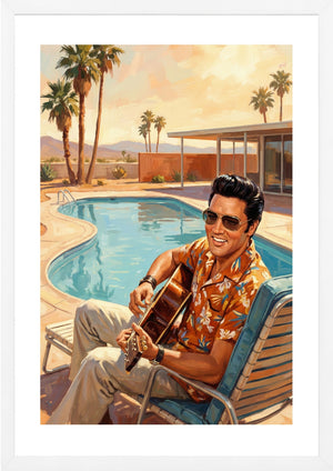 Elvis Presley with guitar by swimming pool art print white frame