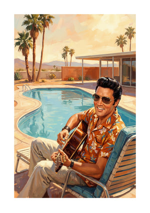 Elvis Presley with guitar by swimming pool art print unframed