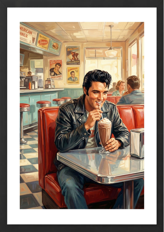 Elvis Presley sitting in a diner with a milkshake wall art print black frame