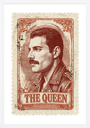 Freddy Mercury of Queen on a postage stamp art print white frame