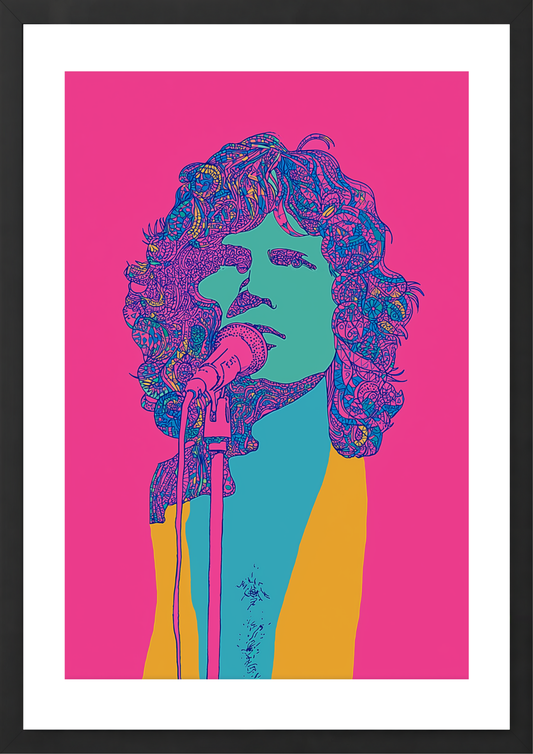 Jim Morrison on bright pink background art print in black frame