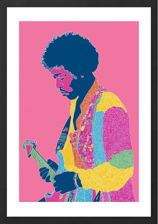 Jimi Hendrix on pink background art print in black frame