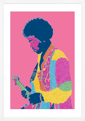 Jimi Hendrix on pink background art print in white frame
