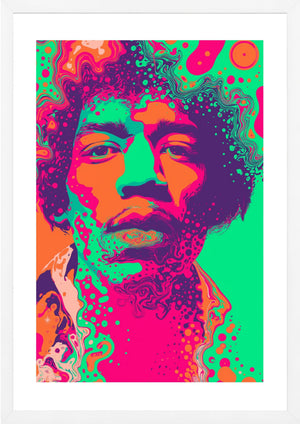 Colorful abstract portrait of Jimi Hendrix with vibrant hues on a green background