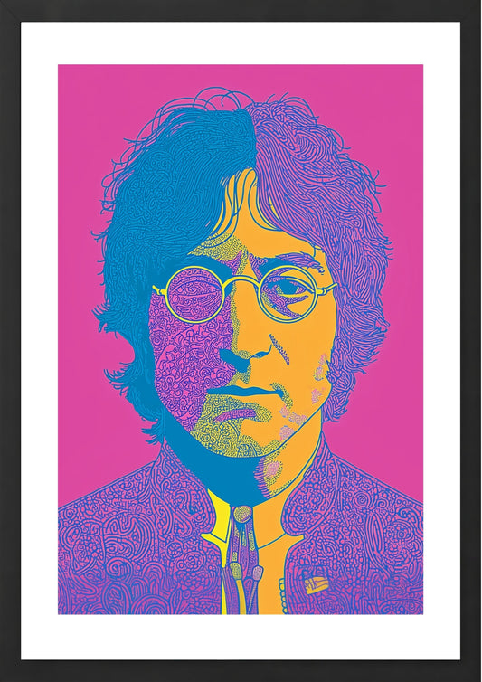 John Lennon art print pink yellow and blue pop art print in black frame