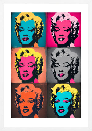 Marilyn Monroe Warhol style, 6 colourful squares, art print white frame