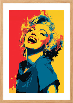 Marilyn Monroe laughing pop art print yellow red blue in timber frame