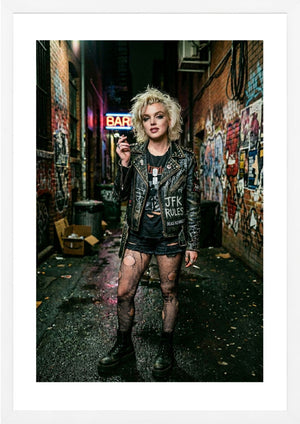 Marilyn Monroe dressed like punk in alleyway print in white frame
