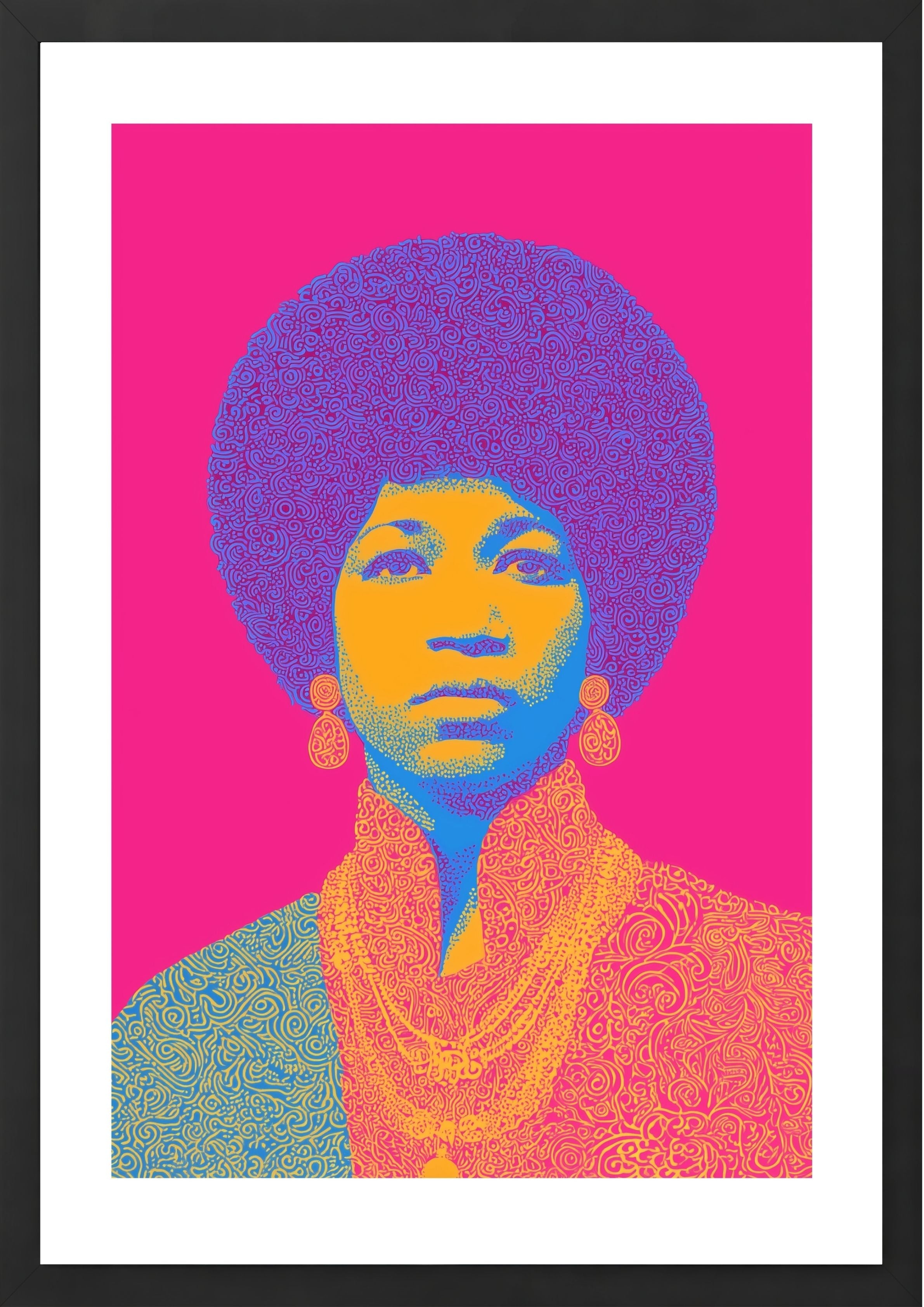 Aretha Franklin on bright pink background art print in black frame