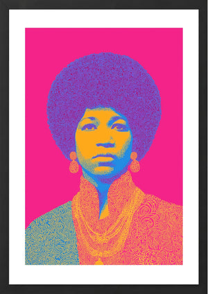 Aretha Franklin on bright pink background art print in black frame