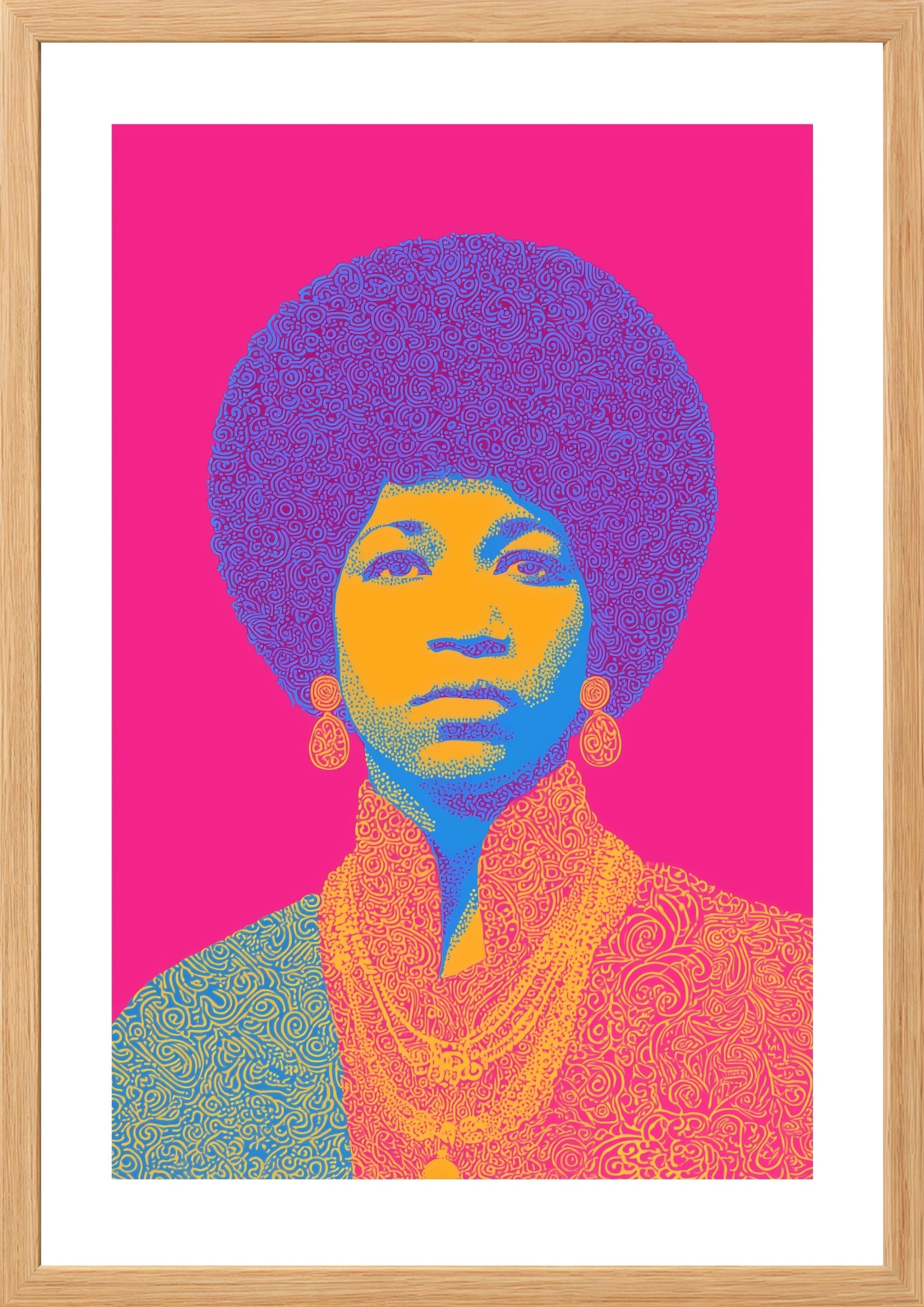 Aretha Franklin on bright pink background art print in timber frame