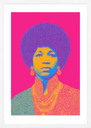 Aretha Franklin on bright pink background art print in white frame