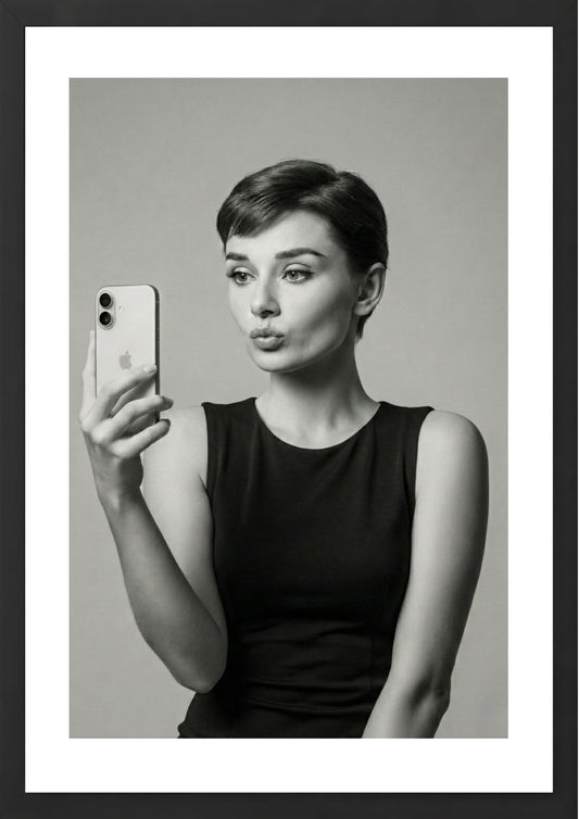 Audrey Hepburn black and white taking a selfie art print black frame