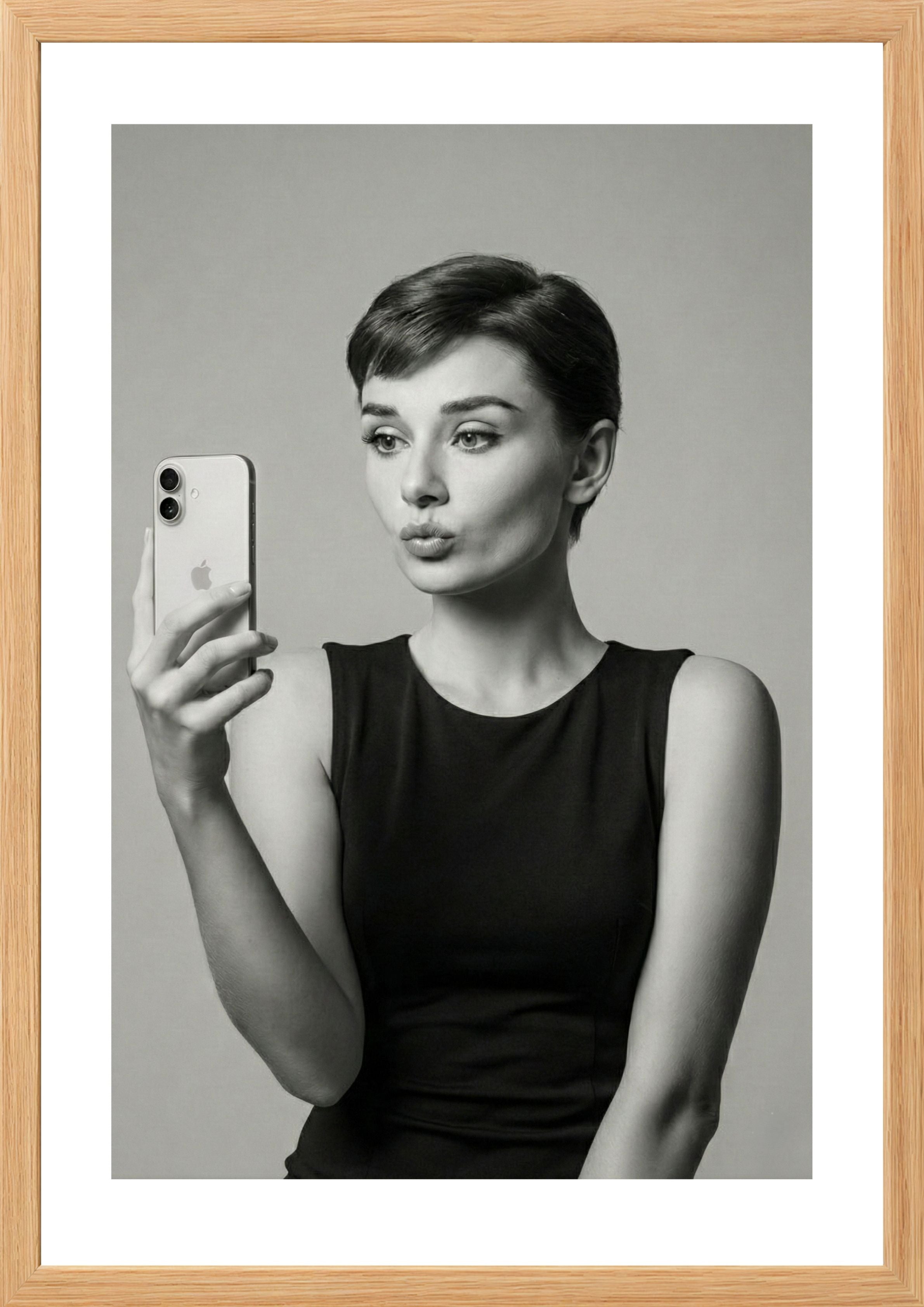 Audrey Hepburn black and white taking a selfie art print timber frame