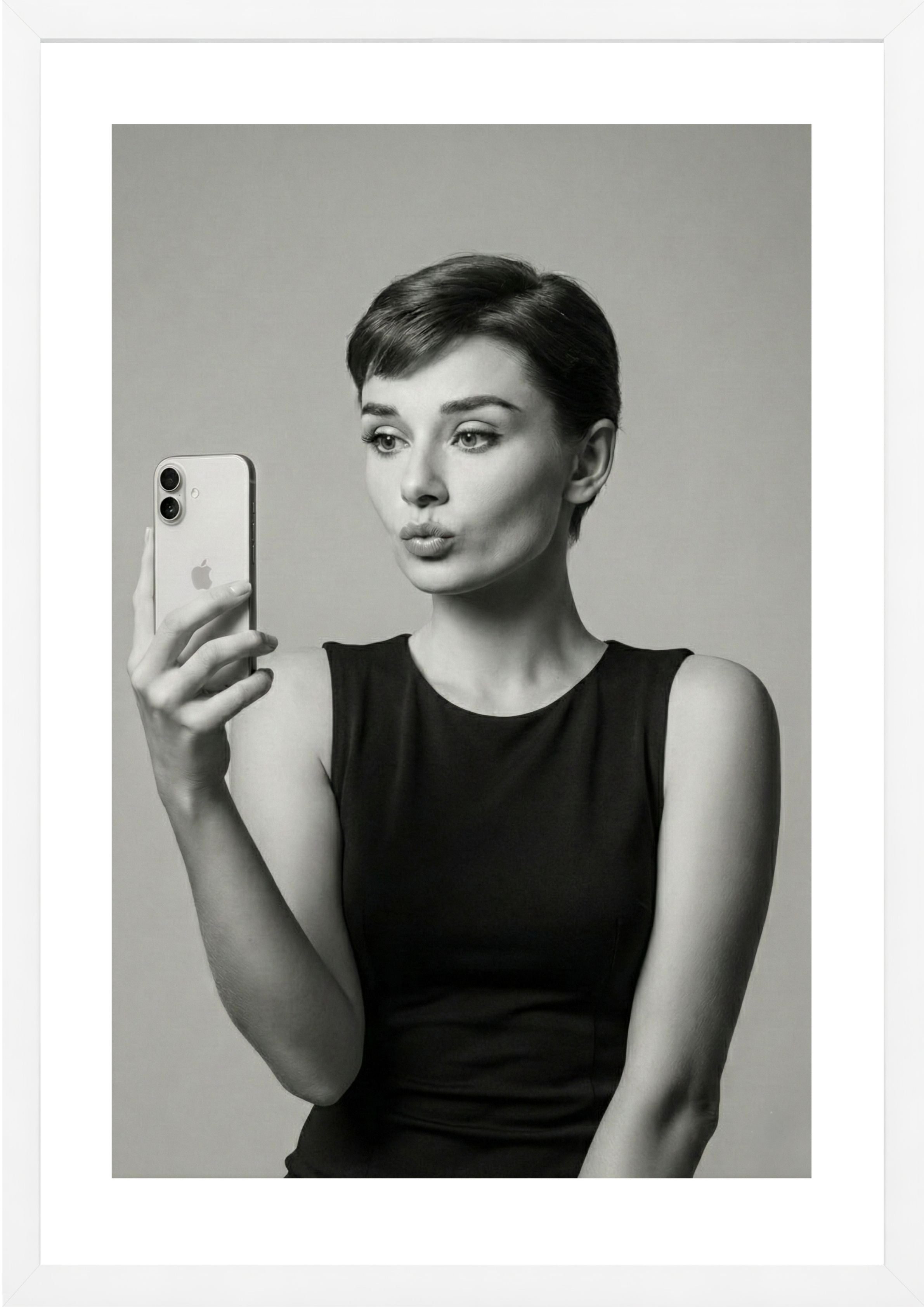Audrey Hepburn black and white taking a selfie art print white frame