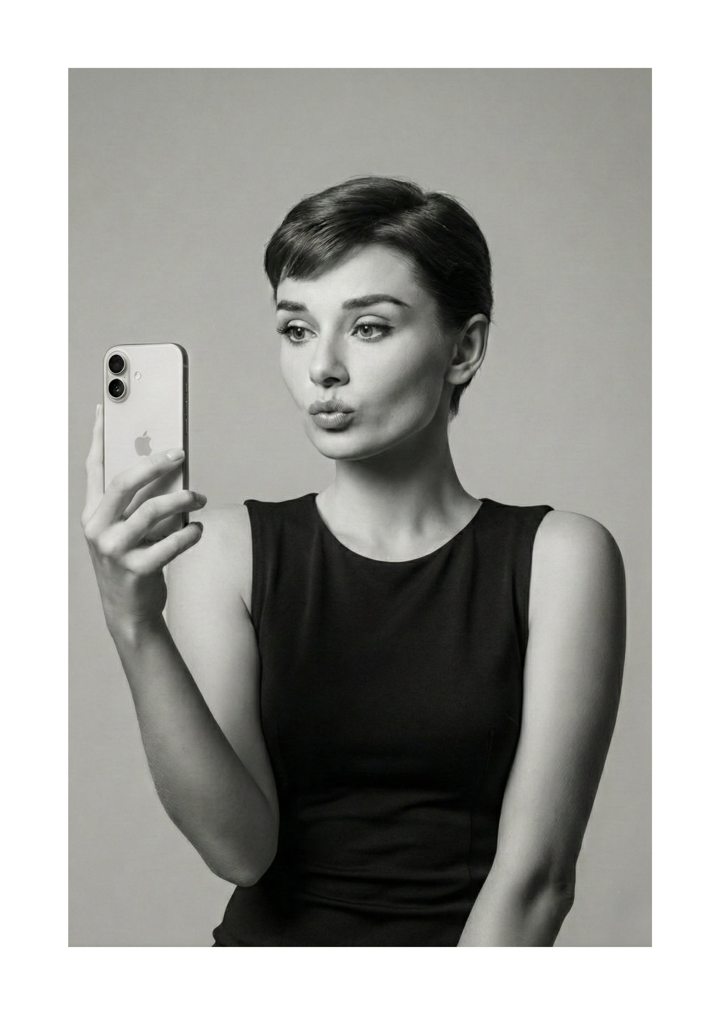 Audrey Hepburn black and white taking a selfie unframed art print