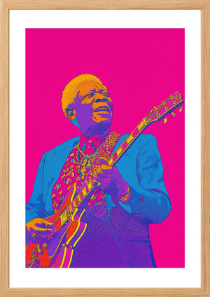 BB King on bright pink background  art print in timber frame