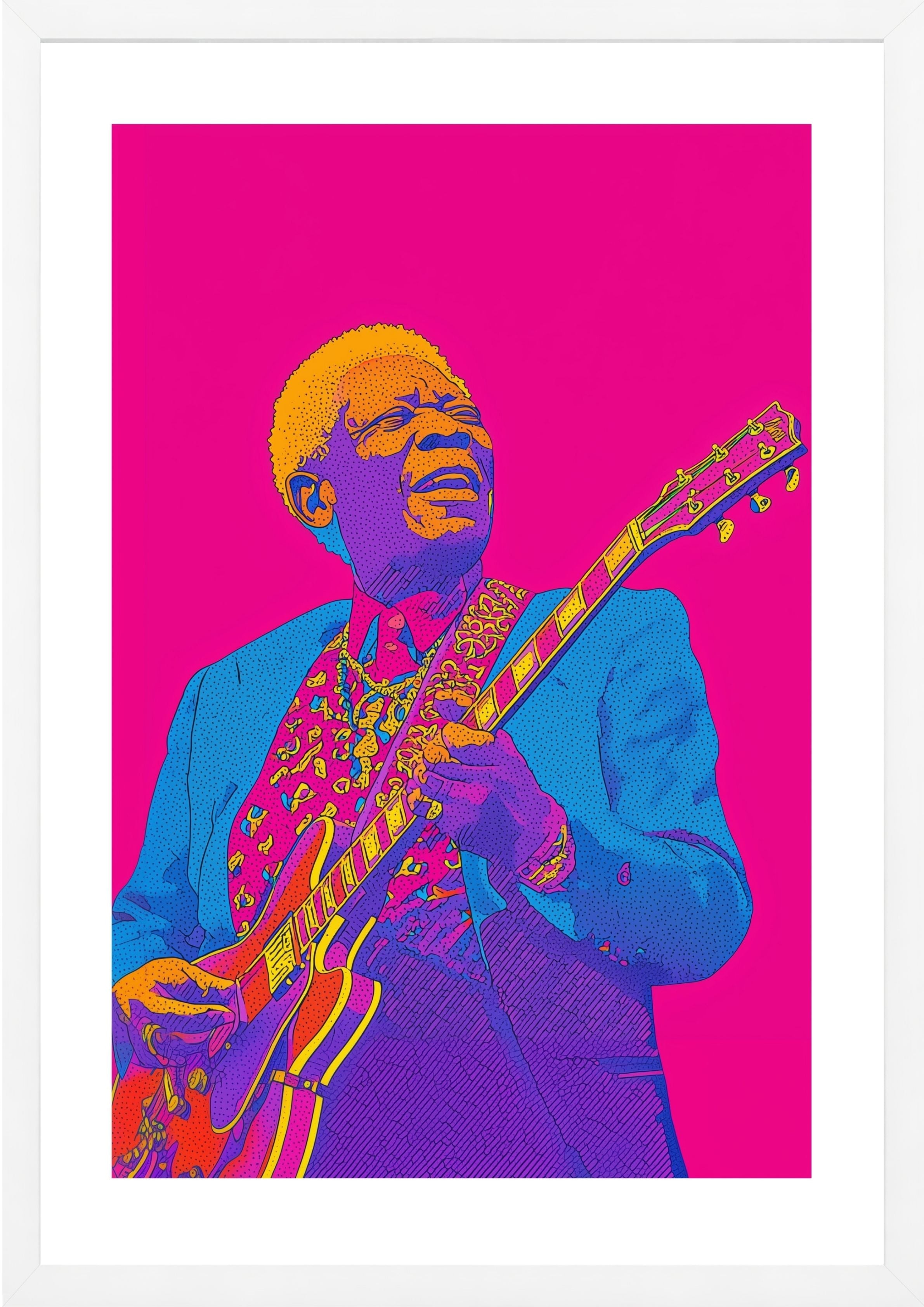 BB King on bright pink background  art print in white frame