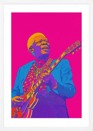 BB King on bright pink background  art print in white frame