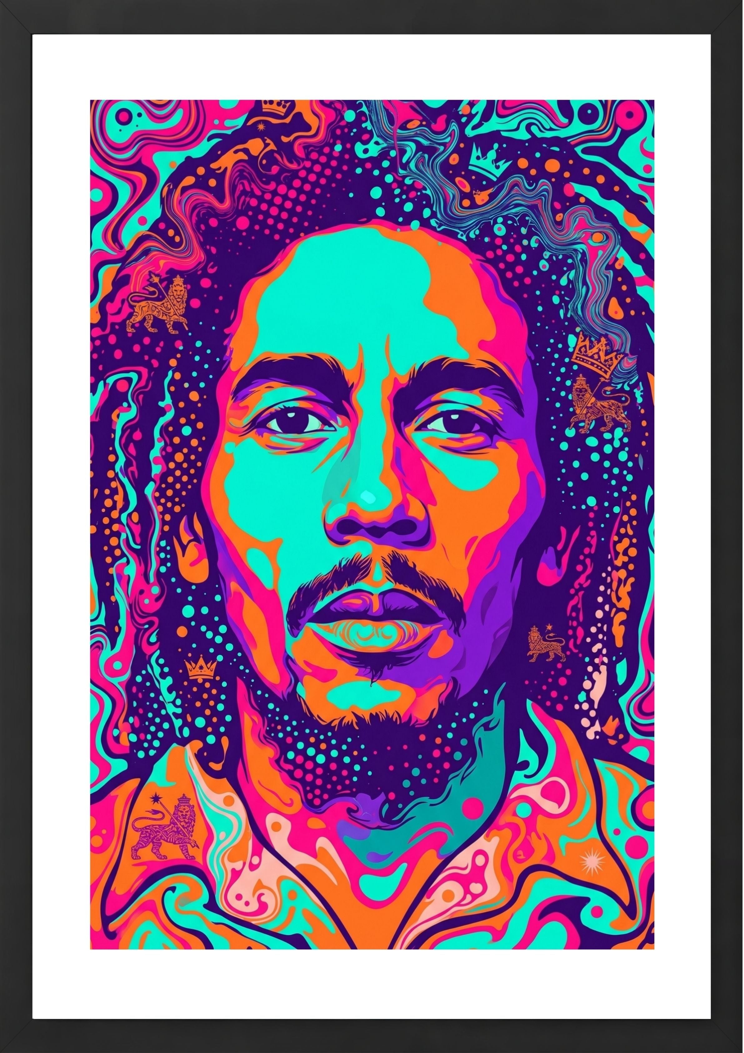 Colorful abstract portrait with Bob Marley's face in the center