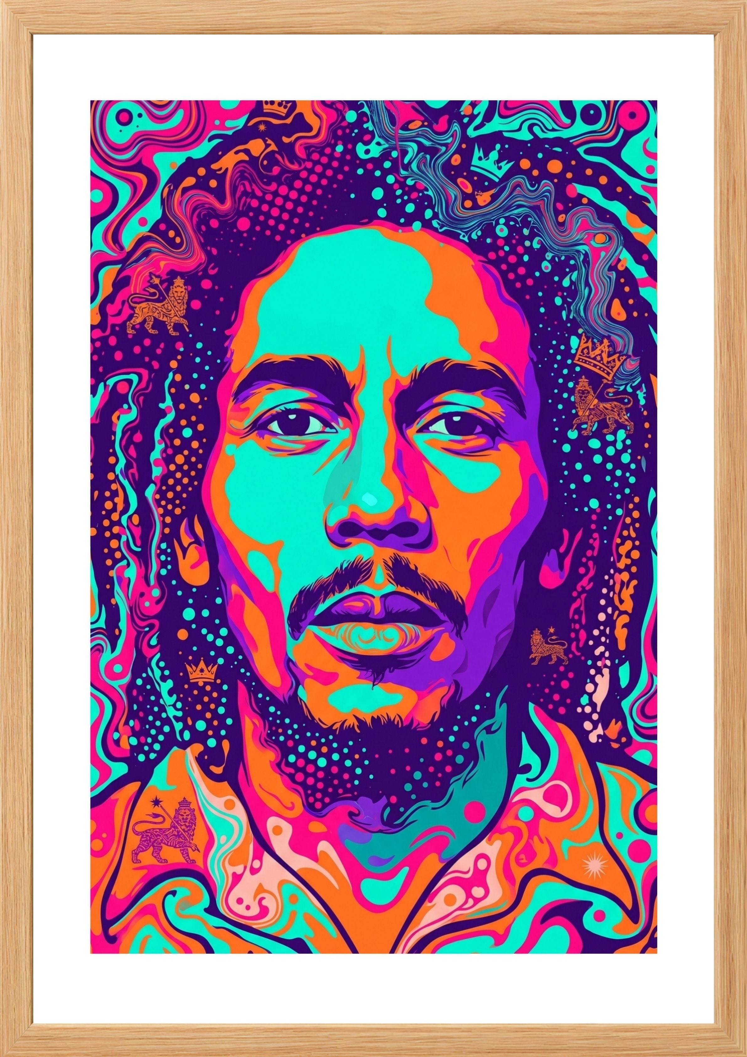Colorful abstract portrait with Bob Marley's face in the center in a wooden frame