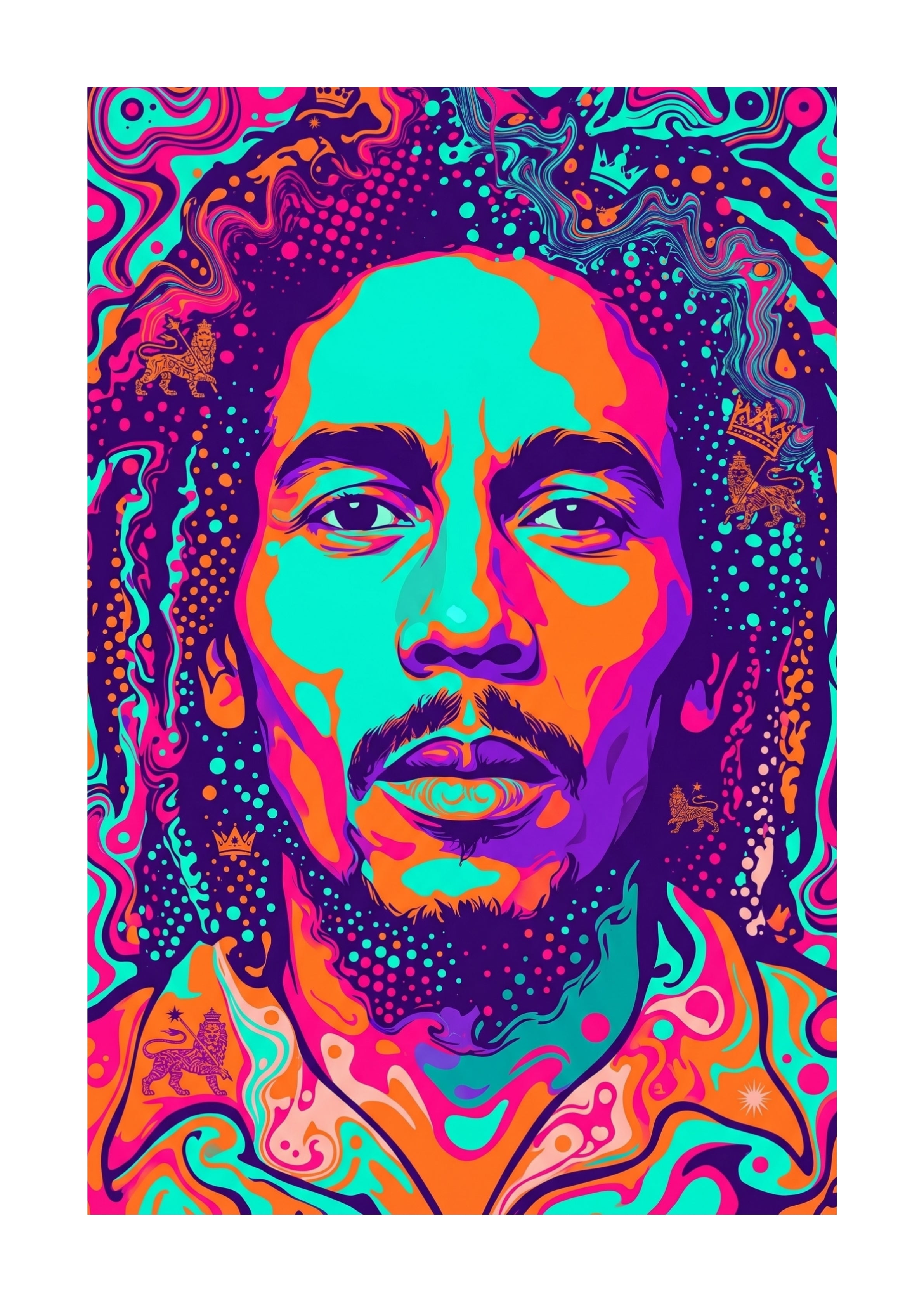 Colorful abstract portrait with Bob Marley face in the center