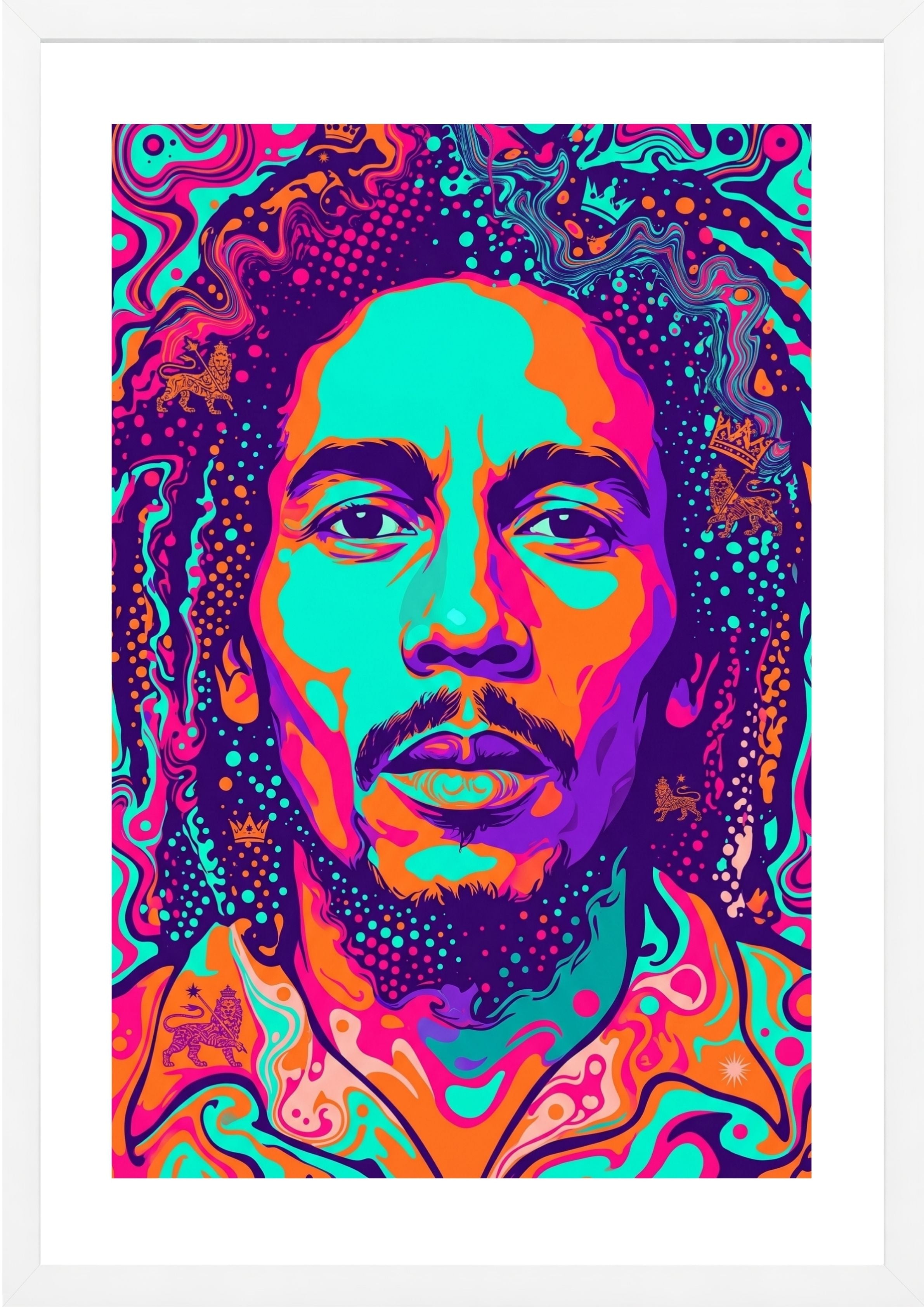 Colorful abstract portrait with Bob Marley's face in the center