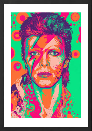 Colorful portrait of David Bowie with abstract design elements on a vibrant background