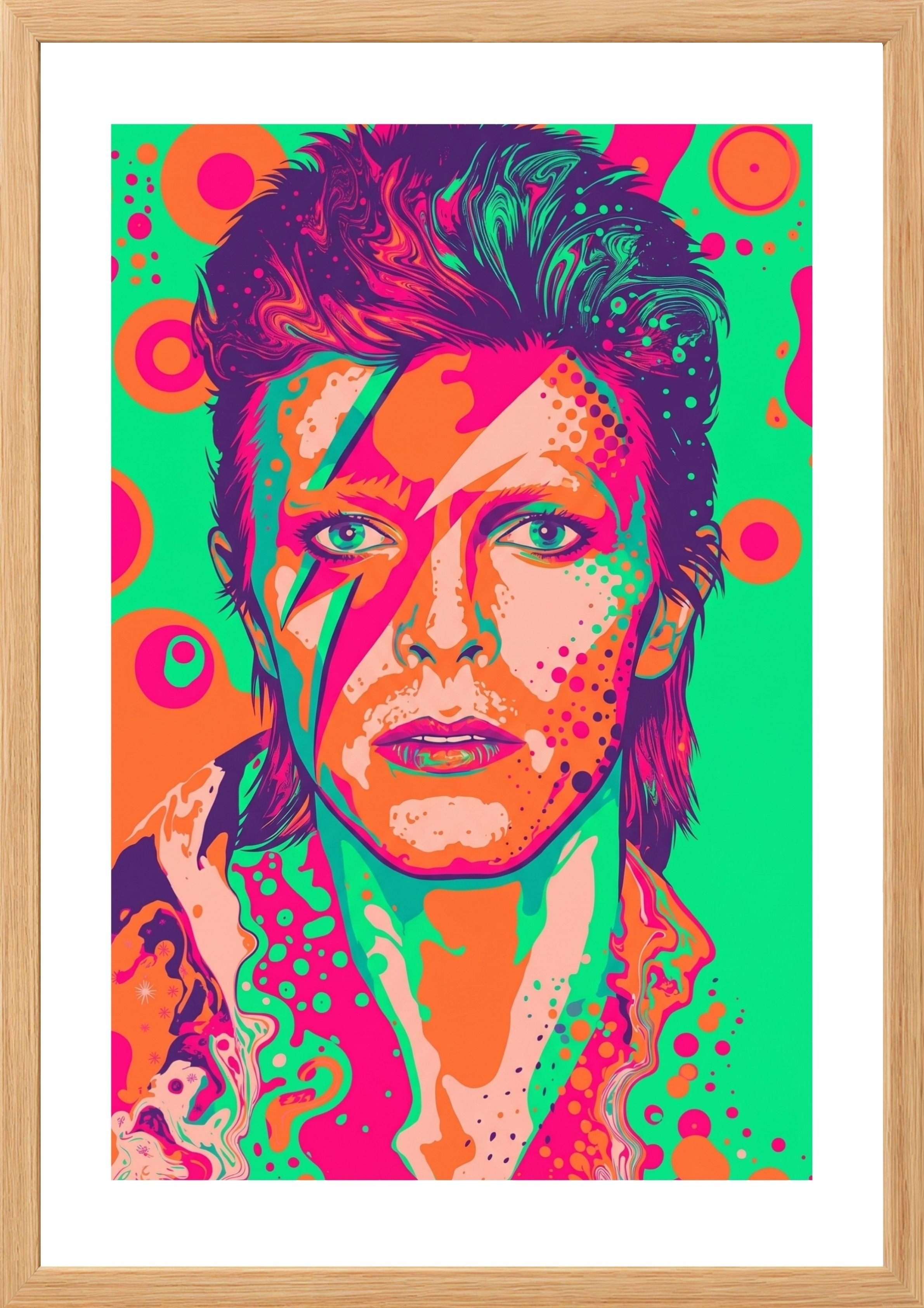 Colorful portrait of David Bowie with a vibrant background
