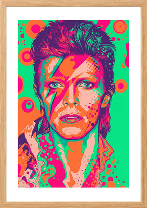 Colorful portrait of David Bowie with a vibrant background