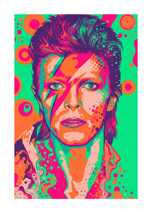 Colorful abstract portrait of David Bowie Ziggy Stardust with vibrant patterns on a green background 