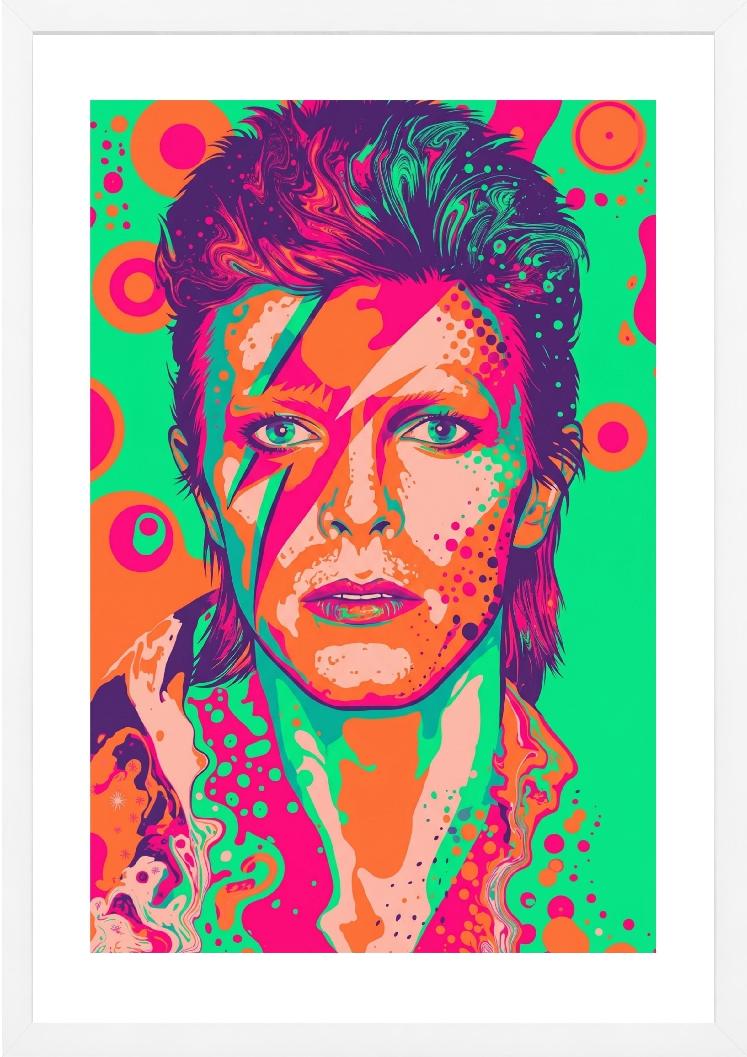 Colorful portrait of David Bowie with a vibrant background