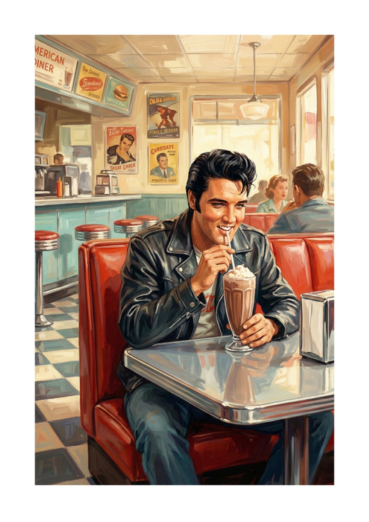 Elvis Presley sitting in a diner with a milkshake wall art print unframed