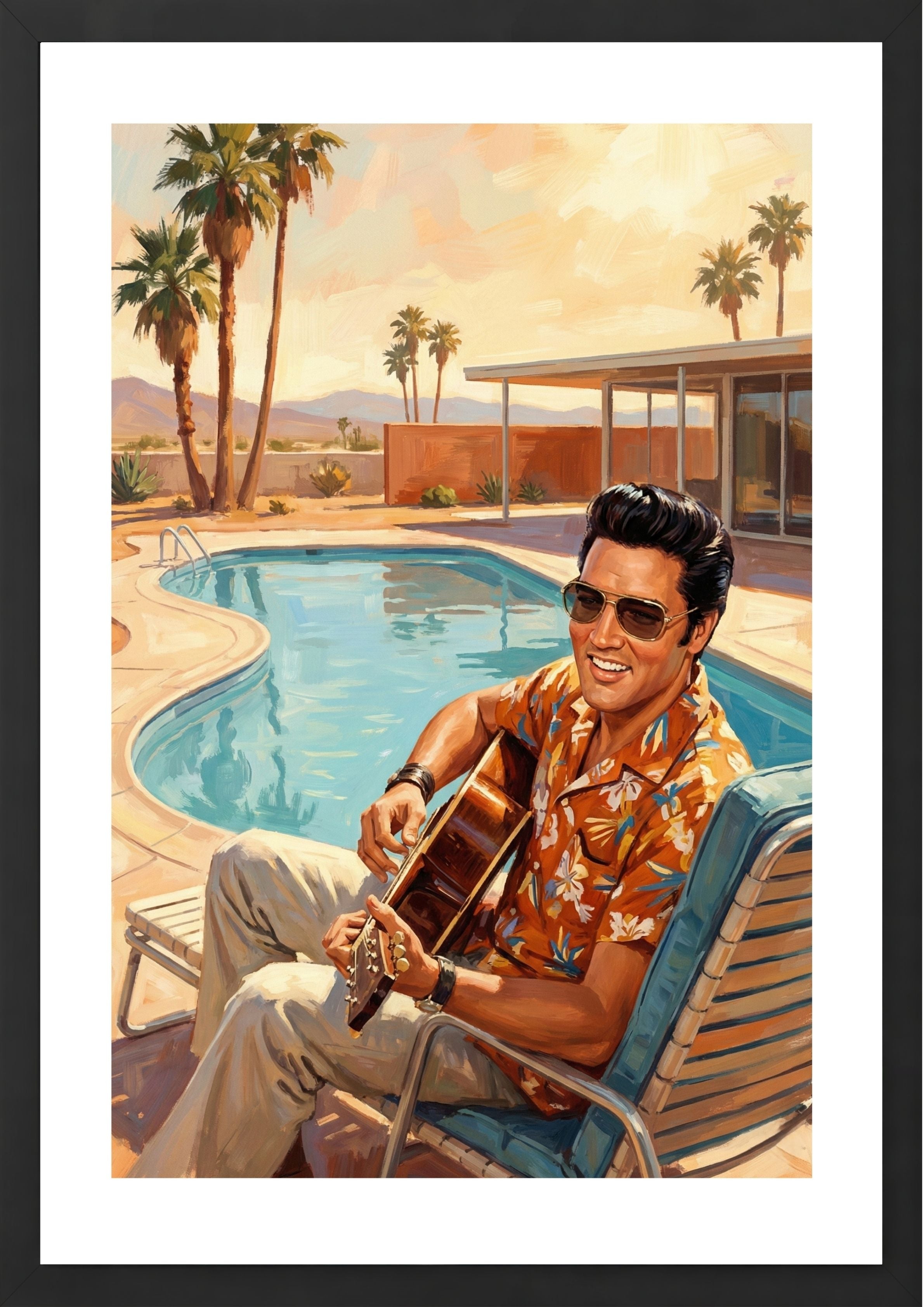 Elvis Presley with guitar by swimming pool art print black frame