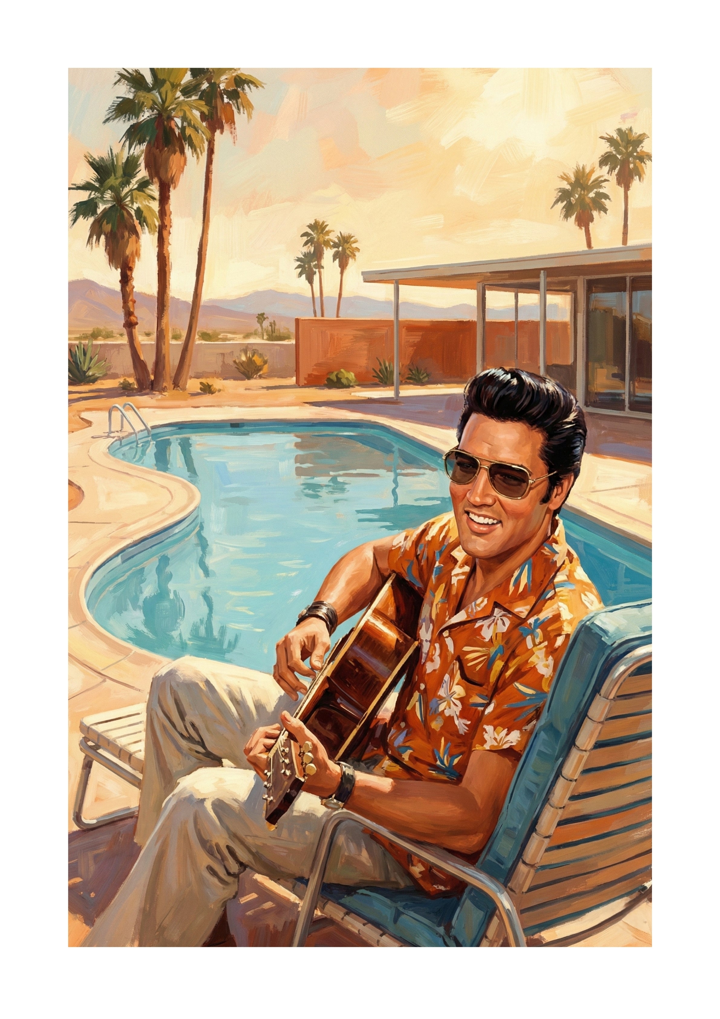 Elvis Presley with guitar by swimming pool art print unframed