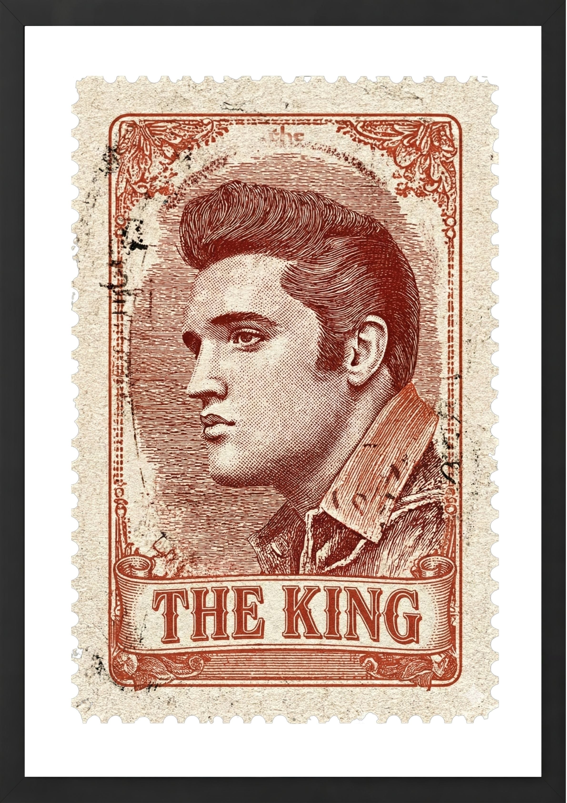Elvis Presley on a postage stamp wall art print black frame