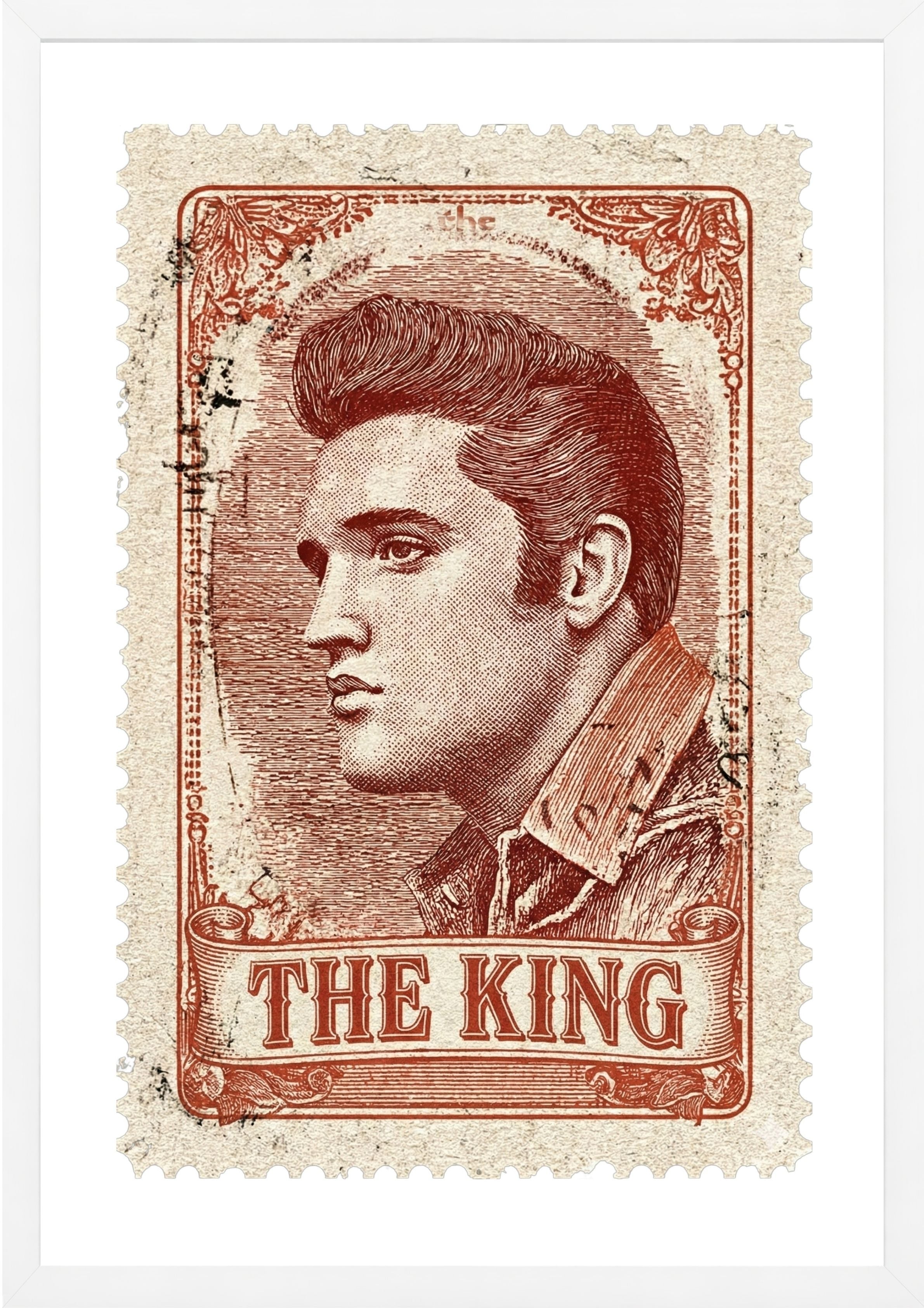 Elvis Presley on a postage stamp wall art print white frame