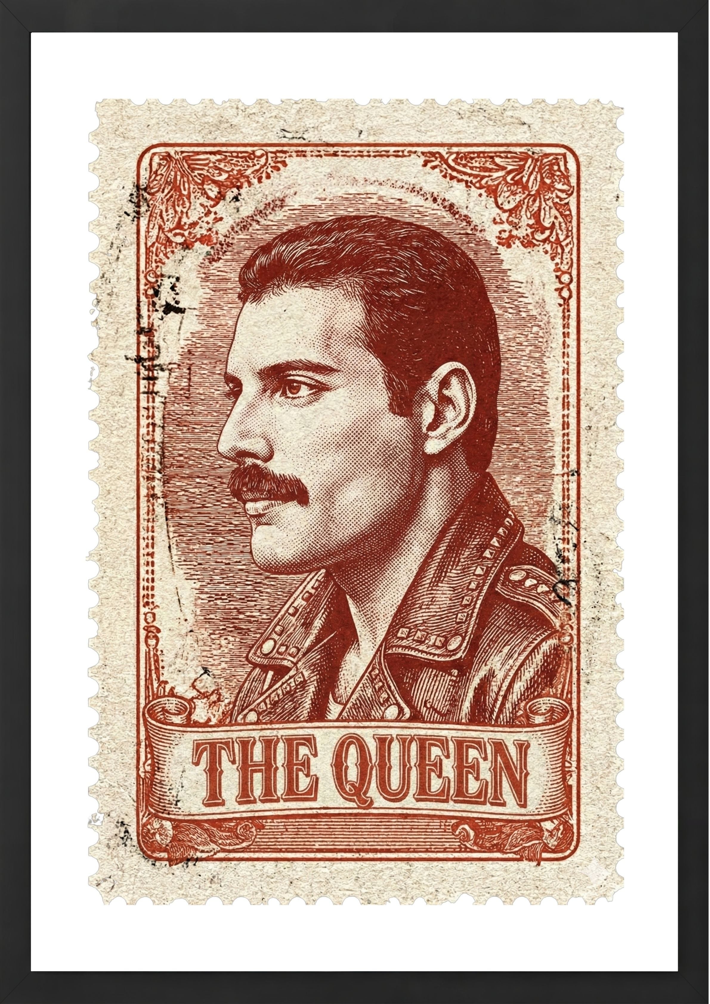 Freddy Mercury of Queen on a postage stamp art print black frame