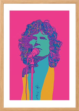 Jim Morrison on bright pink background art print in timber frame