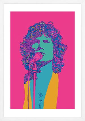 Jim Morrison on bright pink background art print in white frame